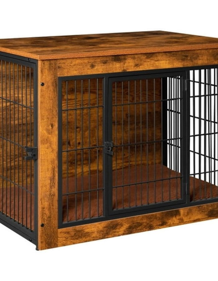 Furmax Wooden Indoor Dog Crate Furniture Double Doors Dog Crate with Thick Cushion,Brown