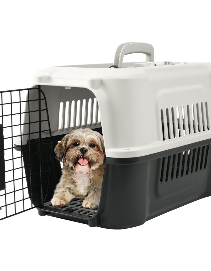 Fruggis Two-Door Dog Kennel with Top Opening, Plastic Dog Crate Porable for Pets up to 10 lbs, 19″ – Taupe & Black